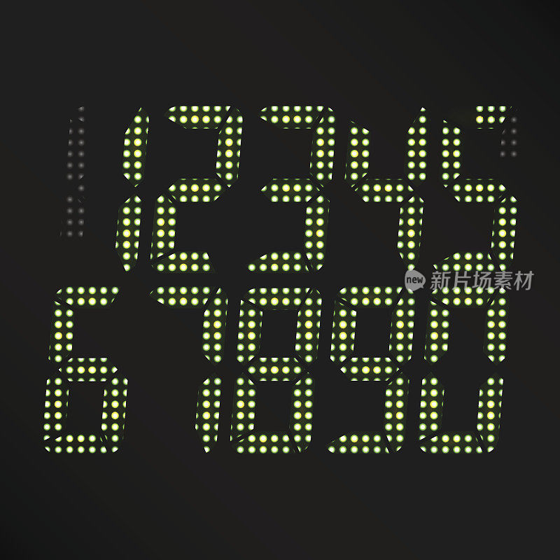 Digital Glowing Numbers Vector. Set Of Digital Green Numbers On Black Background. Classic Symbol Of time. Retro Clock, Count, Display And Electronics